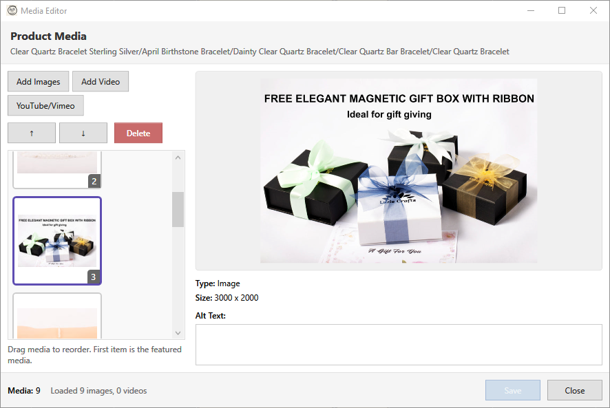 Media editor with product images, drag-and-drop reordering, and alt text editing